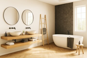 Aufkleber - Minimalist contemporary bathroom interior with freestanding tub, wooden accents, dual sinks, and natural lighting on cozy modern background.