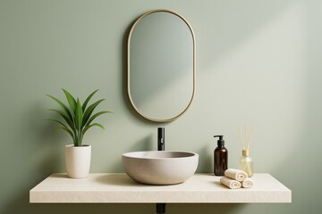Poster - Modern minimalist bathroom interior with sink, mirror and decor on light background in contemporary architectural room with soft natural lighting.