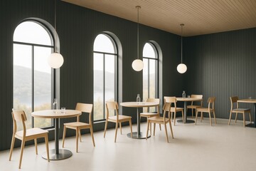 Poster - Contemporary minimalist café interior with arched windows, wooden furniture, and pendant lighting in soft natural daylight. Ai generative.