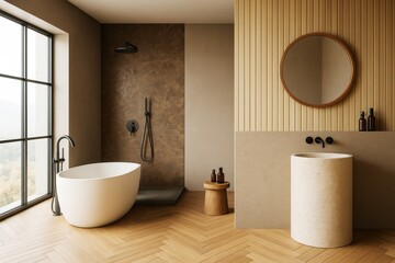 Poster - Contemporary minimalist bathroom interior with freestanding tub, wood textures, and natural lighting in modern architectural design style.