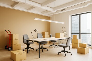 Poster - Modern office interior filled with cardboard boxes, chairs and table during relocation process in bright contemporary building room.
