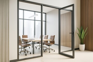 Poster - Modern glass office meeting room with brown chairs and wooden accents in bright contemporary interior space with city view and natural lighting..