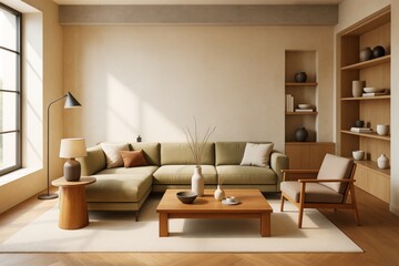 Poster - Cozy modern living room interior with minimalist furniture and natural lighting highlighting contemporary design aesthetics and clean architecture.