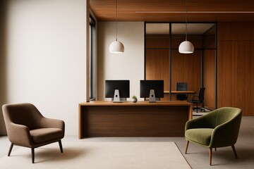 Poster - Modern office interior with minimalist furniture and wood accents, featuring two armchairs and desks with computers in a contemporary room concept.