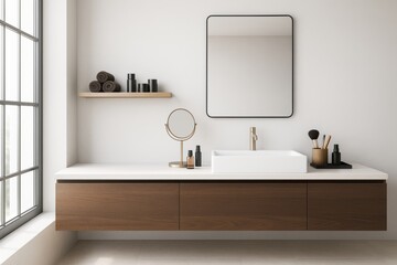 Aufkleber - Minimalist bathroom interior with modern vanity, large mirror, and natural light through window in contemporary decor style on white background.