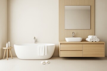 Poster - Minimalist contemporary bathroom with freestanding bathtub, wooden vanity, mirror and soft lighting in modern natural toned interior space concept.
