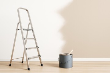 Poster - Ladder and paint can in modern empty room with partially painted wall and wooden floor, illustrating indoor renovation or decor concept. Ai generative.