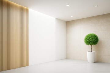 Aufkleber - Modern minimalistic interior with tiled wall, wooden panel, spotlights and green potted plant in bright empty room space concept design decor.