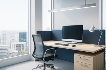 Poster - Modern minimalist office interior with computer workstation, ergonomic chair, and city view through large windows in bright daylight setting.