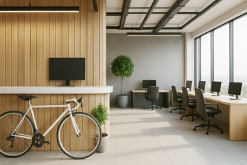 Poster - Modern open office interior with wooden walls, minimalist furniture, and natural light through large windows in a clean contemporary workspace.