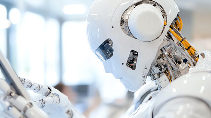 Leinwandbilder - A close-up of a humanoid robot interacting with a digital interface, symbolizing the future of artificial intelligence.
