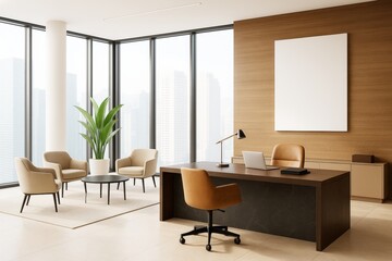 Poster - Modern office interior with large windows, wooden wall, blank vertical poster, minimalist furniture, and natural light in contemporary space.