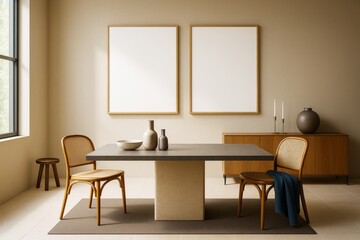Poster - Modern dining room interior with minimalist decor, wooden chairs, empty wall frames and soft natural light through window in contemporary space.