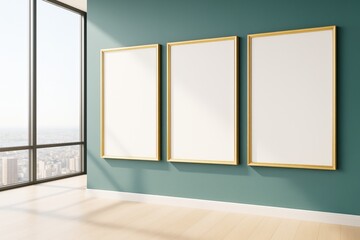 Poster - Contemporary interior room with three blank golden frames on green wall near large window and city view, perfect for artwork or branding mockup.