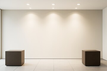 Poster - Contemporary empty interior room with spotlights and two dark cube platforms placed against a clean white wall for mockup or branding display.