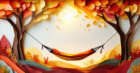 Poster - Papercraft scene depicts hammock strung between trees. Autumn colors dominate landscape, sun shines brightly. Peaceful, relaxing outdoor setting.