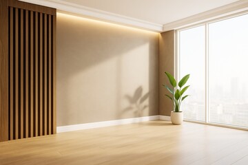 Leinwandbilder - Modern empty room interior with wooden floor, large window, and potted plant for contemporary architecture and decor background template mockup.