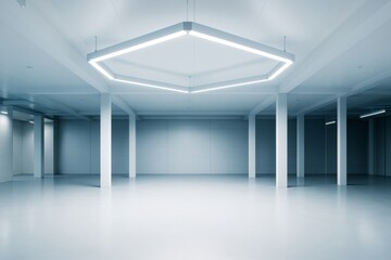 Poster - Modern empty interior room with geometric ceiling light in clean architectural space with columns and smooth floor, ideal for branding concept.