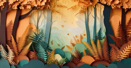 Poster - Papercraft forest scene. Layers create depth, warm colors dominate. Ferns, trees, sunlight visible. Peaceful, stylized nature illustration.