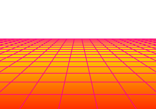 Minimalistic grid floor with retro 80s synthwave style and aesthetics, isolated floor perspective view element. Retro computer horizon and terrain