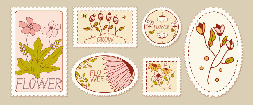 Retro simple florals in postage stamp vintage illustration set. Abstract hand drawn doodle cartoon floral elements, Retro vintage style flower  with sparkle., daisy, aster, chrysanthemum, marigold, ca