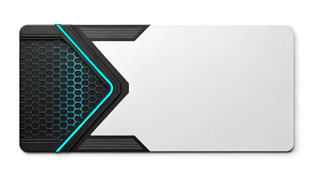 Modern Futuristic Abstract Geometric Design with Hexagonal Texture and Neon Blue Lighting Accents on a White Background