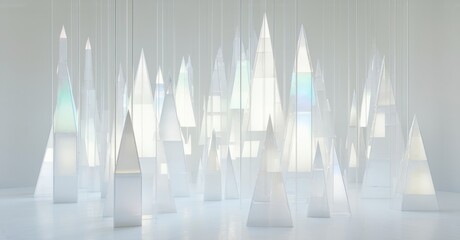Poster - Minimalist installation. Numerous translucent pyramid shapes suspended, creating ethereal, reflective space. Soft lighting enhances visual depth.
