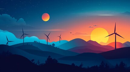vibrant sunset over rolling hills with wind turbines, a celestial scene of orange, blue, and purple 