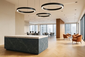 Aufkleber - Modern minimalist office interior with stylish furniture and circular ceiling lights in bright business space with city background.