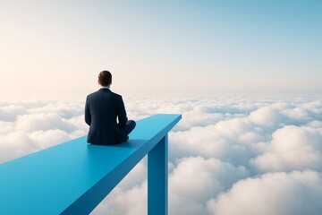 Poster - Businessman sitting on an abstract blue platform above the clouds, symbolizing vision, future, and creative thinking in a surreal light background scene.