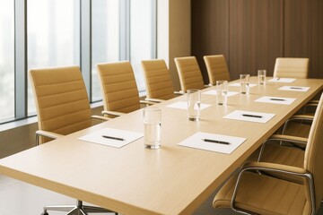 Poster - Modern business meeting room with beige chairs, notepads, pens, and glasses of water on light wooden table in bright office interior background.