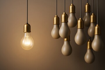 Poster - Illuminated golden light bulb among unlit matte bulbs against brown background symbolizing innovation, leadership, and abstract business ideas.