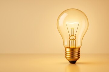 Aufkleber - Glowing light bulb standing upright on flat surface with warm yellow background representing creative idea and business innovation concept.