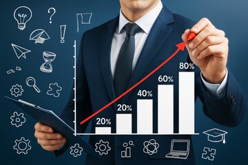 Poster - Businessman drawing growth graph with bar chart and icons over dark blue background as concept of success, planning, and progress strategy.
