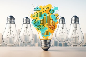 Poster - Light bulbs with creative business-themed doodles on city background symbolizing innovation, growth, and development in bright concept style.