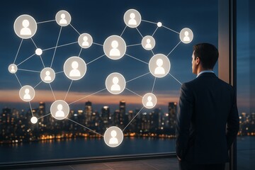 Poster - Businessman observing illuminated digital network of connected people icons above city skyline at night, symbolizing professional connections concept.