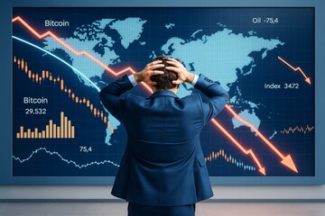 Poster - Businessman holding head in front of stock market crash chart with falling indicators and world map background in abstract financial scene.