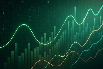 Poster - Glowing bar graphs and wave lines on binary code background illustrating futuristic business data analysis concept with vibrant light effects.
