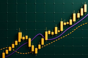 Poster - 3D chart showing rising candlestick graph with trend lines on dark grid background for financial business and market data analysis concept.