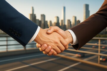 Poster - Business handshake between two professionals in suits with cityscape background in warm light symbolizing partnership and success concept.