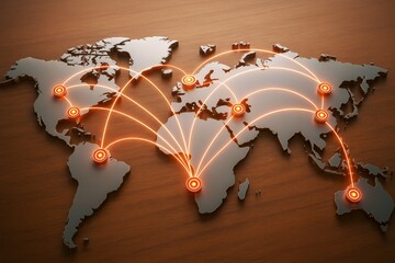 Aufkleber - World map with glowing connection lines symbolizing global business network on wooden background, futuristic communication concept illustration.
