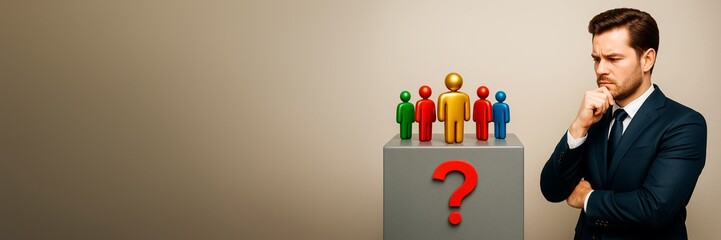 Aufkleber - Businessman thinking about recruitment choice with colorful human figures and question mark on abstract background for decision concept template.