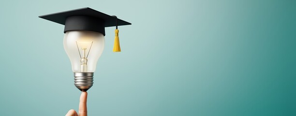 Poster - Graduation concept with light bulb wearing academic cap balanced on finger on teal background, symbolizing knowledge and innovation in education.