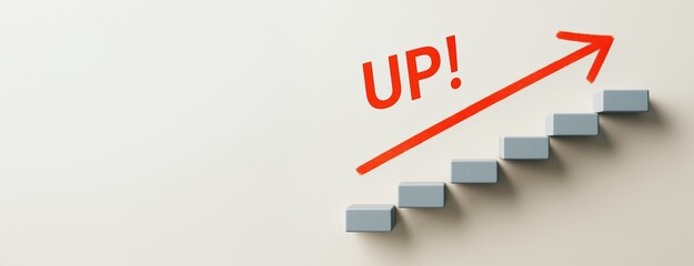 Poster - Abstract concept showing upward growth with 3D staircase blocks and red arrow labeled UP on clean light background for business promotion template.