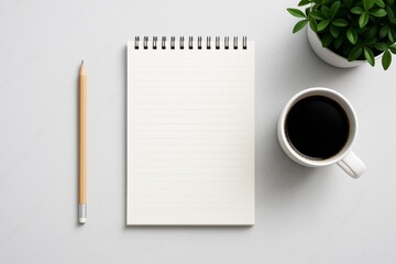Poster - Blank notepad with pencil, coffee cup, and plant on light background for business branding or promotional design template concept. Ai generative.
