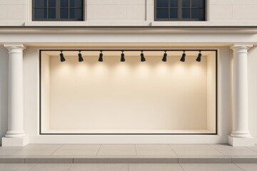 Aufkleber - Empty store showcase with lights on classical building facade, perfect for branding, advertising or business poster mockup template promotion concept.