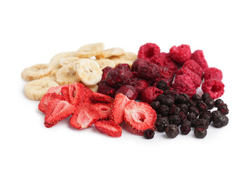 Wall Mural - Heap of different freeze-dried fruits on white background