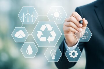 Poster - Businessman interacting with eco icons like recycling, wind energy, and solar power on digital interface over abstract environmental background.