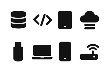 Poster - Technology icon silhouettes vector illustration: cloud, database, and devices in minimalistic style for digital design