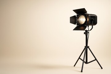 Poster - Studio spotlight on tripod shining on beige background with soft gradient lighting, minimal abstract concept emphasizing professional illumination.